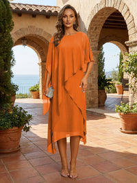 A-Line Tea-Length Chiffon Cape Sleeves Mother of the Bride & Groom Dresses