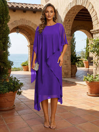 A-Line Tea-Length Chiffon Cape Sleeves Mother of the Bride & Groom Dresses