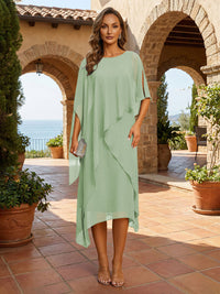 A-Line Tea-Length Chiffon Cape Sleeves Mother of the Bride & Groom Dresses