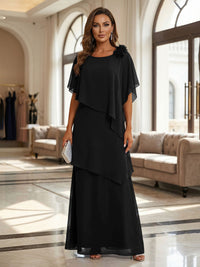 A-Line Floor-Length Chiffon Cape Sleeves Mother of the Bride & Groom Dresses with Tiered Ruffles