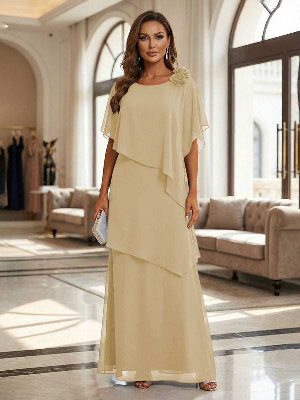 A-Line Floor-Length Chiffon Cape Sleeves Mother of the Bride & Groom Dresses with Tiered Ruffles
