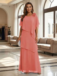 A-Line Floor-Length Chiffon Cape Sleeves Mother of the Bride & Groom Dresses with Tiered Ruffles