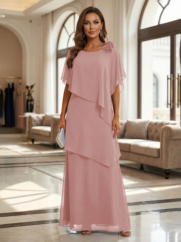 A-Line Floor-Length Chiffon Cape Sleeves Mother of the Bride & Groom Dresses with Tiered Ruffles