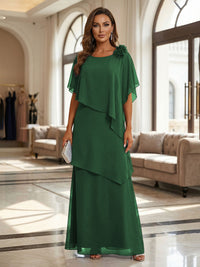 A-Line Floor-Length Chiffon Cape Sleeves Mother of the Bride & Groom Dresses with Tiered Ruffles
