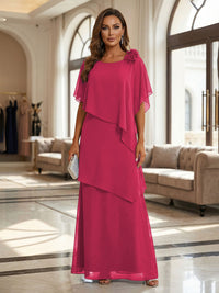 A-Line Floor-Length Chiffon Cape Sleeves Mother of the Bride & Groom Dresses with Tiered Ruffles