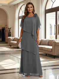 A-Line Floor-Length Chiffon Cape Sleeves Mother of the Bride & Groom Dresses with Tiered Ruffles