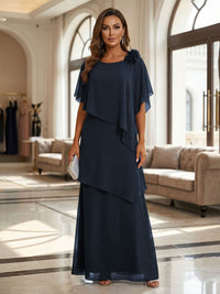 A-Line Floor-Length Chiffon Cape Sleeves Mother of the Bride & Groom Dresses with Tiered Ruffles