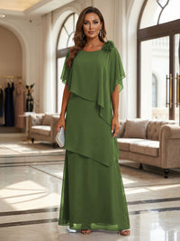 A-Line Floor-Length Chiffon Cape Sleeves Mother of the Bride & Groom Dresses with Tiered Ruffles