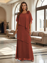 A-Line Floor-Length Chiffon Cape Sleeves Mother of the Bride & Groom Dresses with Tiered Ruffles