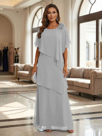 A-Line Floor-Length Chiffon Cape Sleeves Mother of the Bride & Groom Dresses with Tiered Ruffles