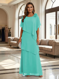 A-Line Floor-Length Chiffon Cape Sleeves Mother of the Bride & Groom Dresses with Tiered Ruffles