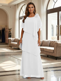 A-Line Floor-Length Chiffon Cape Sleeves Mother of the Bride & Groom Dresses with Tiered Ruffles