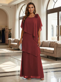 A-Line Floor-Length Chiffon Cape Sleeves Mother of the Bride & Groom Dresses with Tiered Ruffles