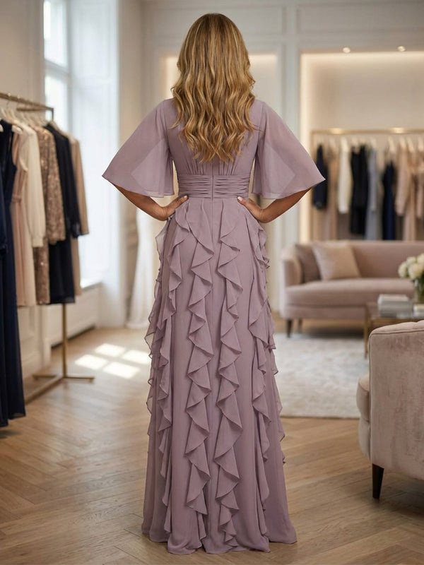 A-Line Chiffon Tiered Ruffles Mother of the Bride & Groom Dresses with Ruched Waist