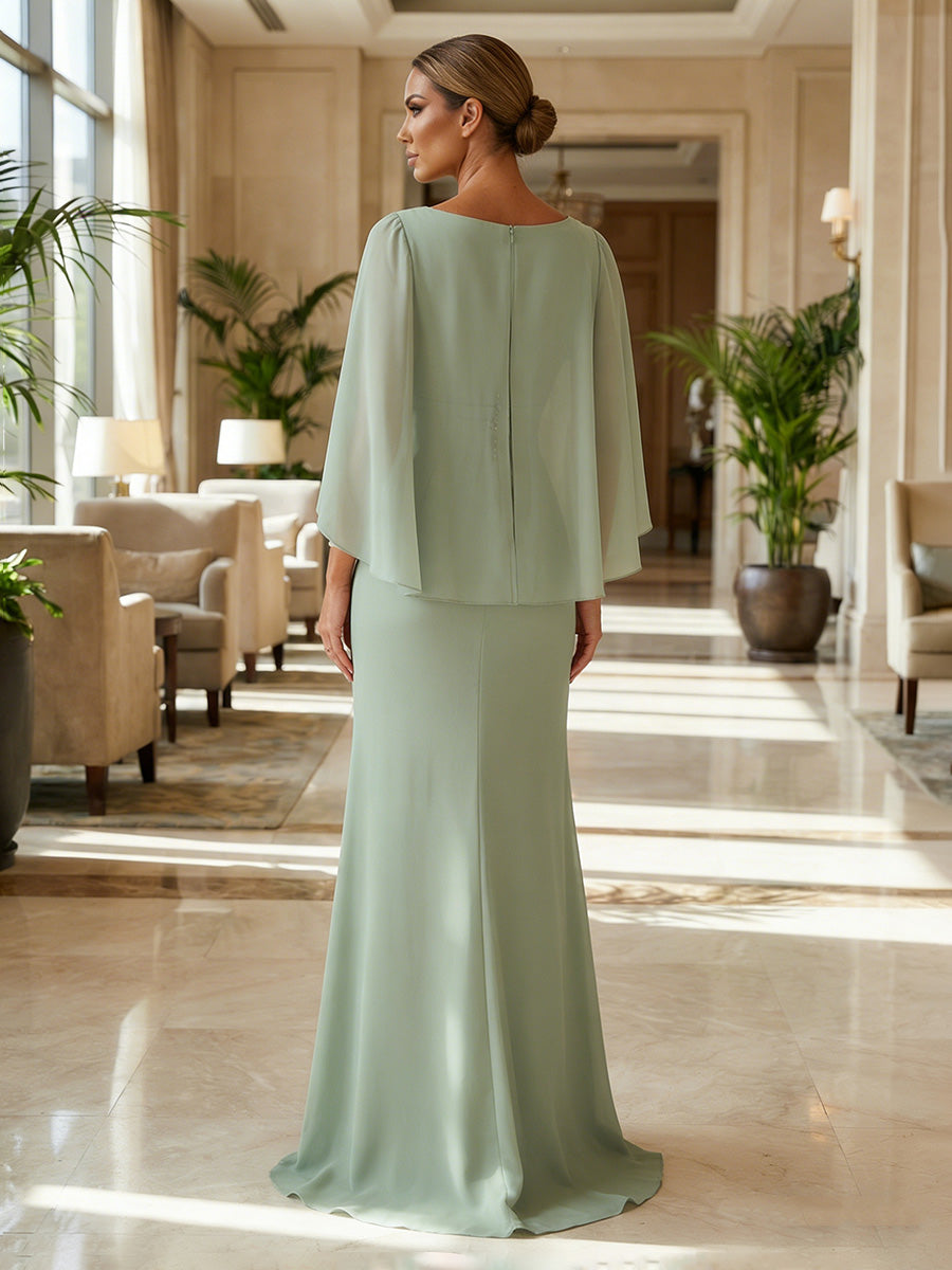 Sheath Chiffon Cape Sleeves Maxi Mother of the Bride & Groom Dresses with Ruched Waist