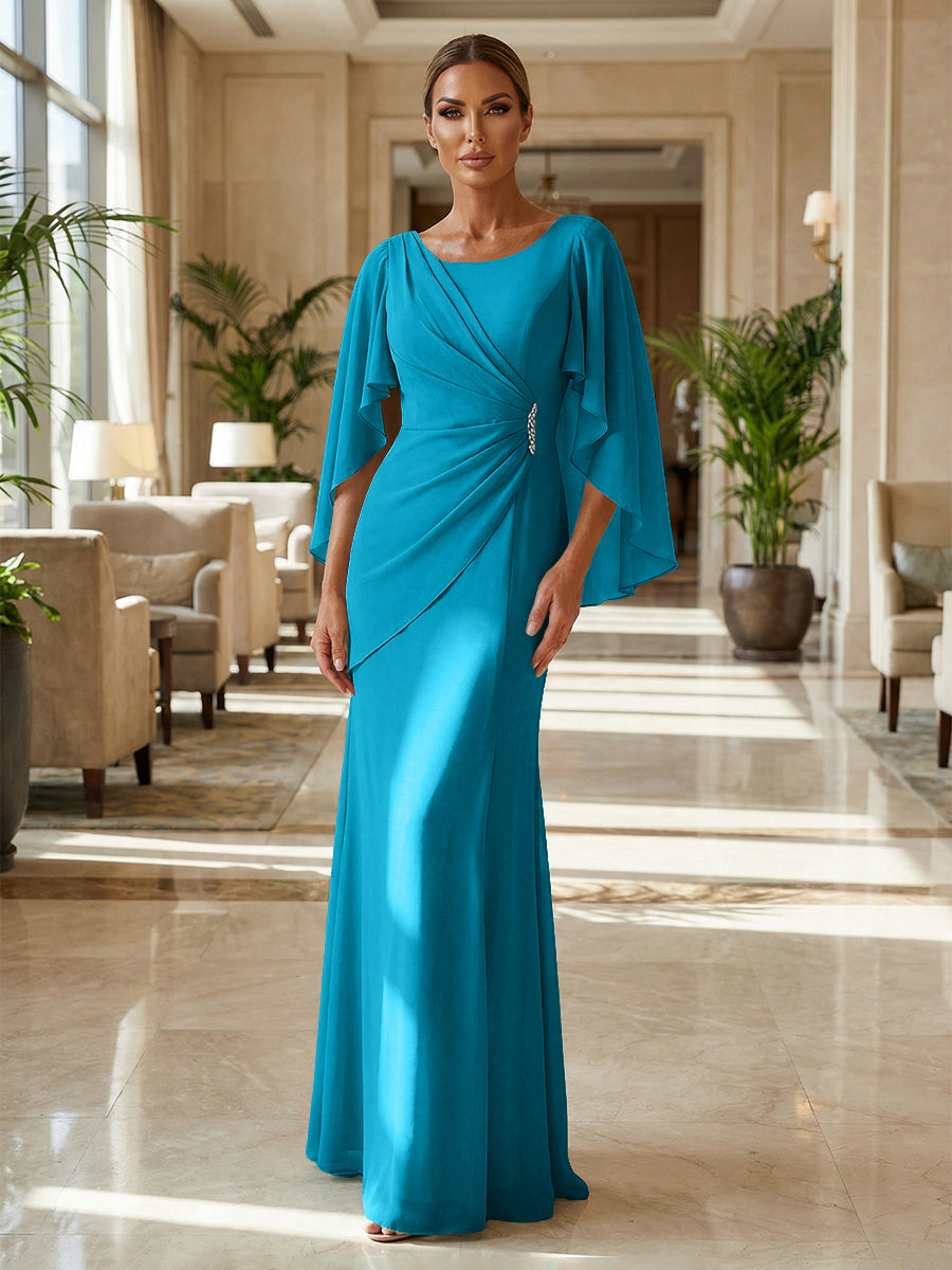 Sheath Chiffon Cape Sleeves Maxi Mother of the Bride & Groom Dresses with Ruched Waist