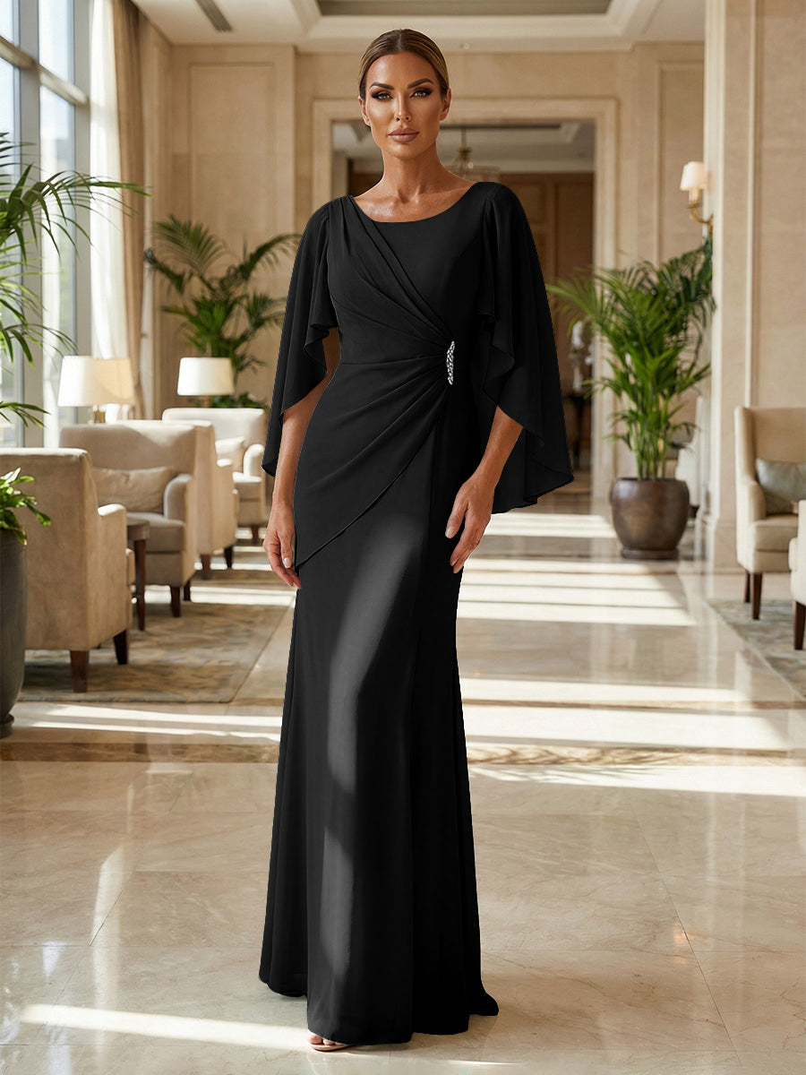 Sheath Chiffon Cape Sleeves Maxi Mother of the Bride & Groom Dresses with Ruched Waist