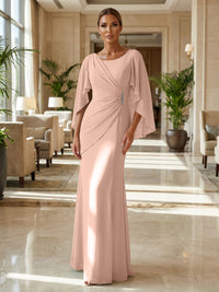 Sheath Chiffon Cape Sleeves Maxi Mother of the Bride & Groom Dresses with Ruched Waist