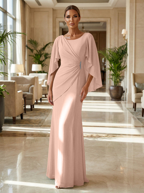 Sheath Chiffon Cape Sleeves Maxi Mother of the Bride & Groom Dresses with Ruched Waist