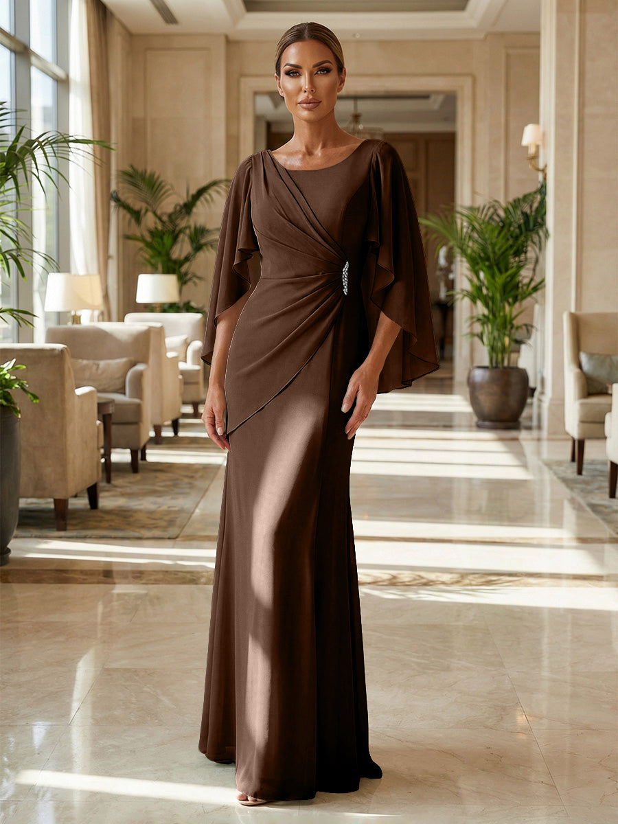 Sheath Chiffon Cape Sleeves Maxi Mother of the Bride & Groom Dresses with Ruched Waist