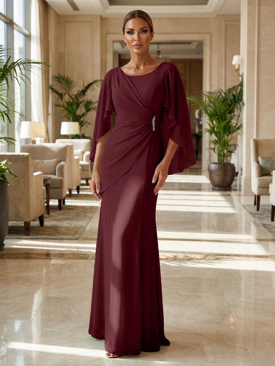 Sheath Chiffon Cape Sleeves Maxi Mother of the Bride & Groom Dresses with Ruched Waist