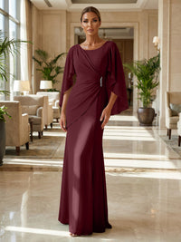 Sheath Chiffon Cape Sleeves Maxi Mother of the Bride & Groom Dresses with Ruched Waist