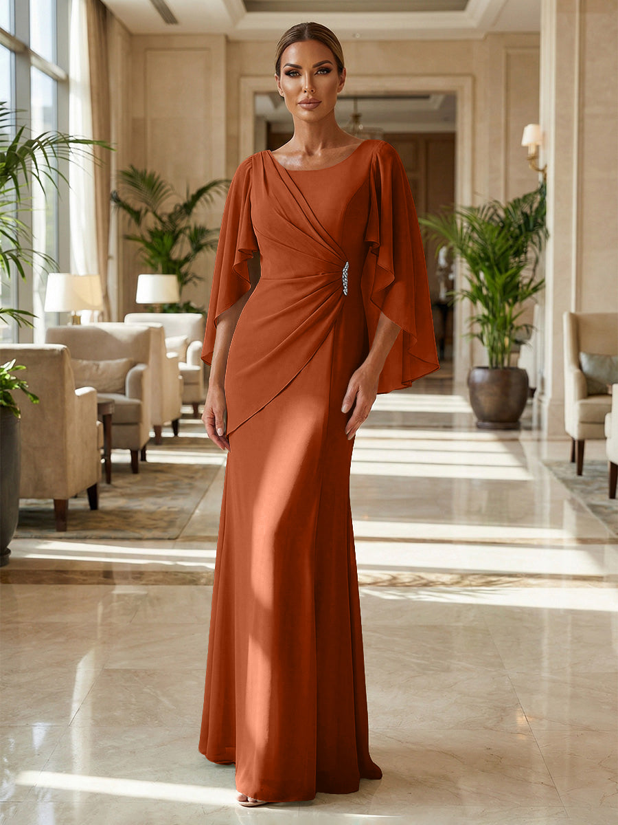 Sheath Chiffon Cape Sleeves Maxi Mother of the Bride & Groom Dresses with Ruched Waist