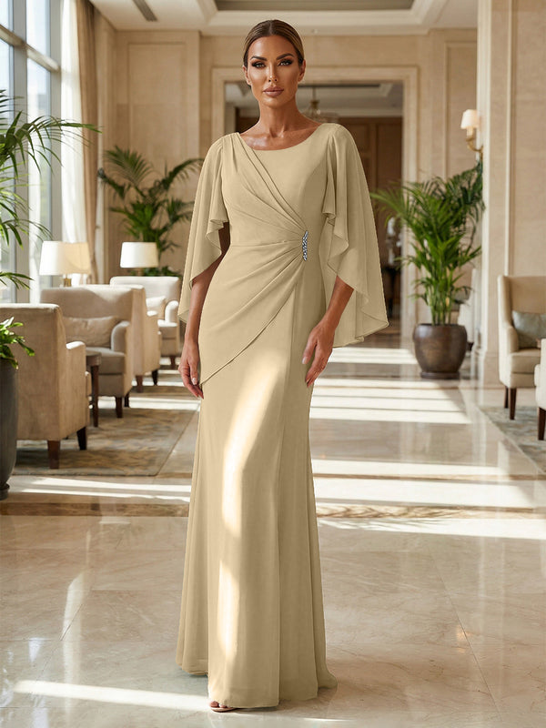 Sheath Chiffon Cape Sleeves Maxi Mother of the Bride & Groom Dresses with Ruched Waist