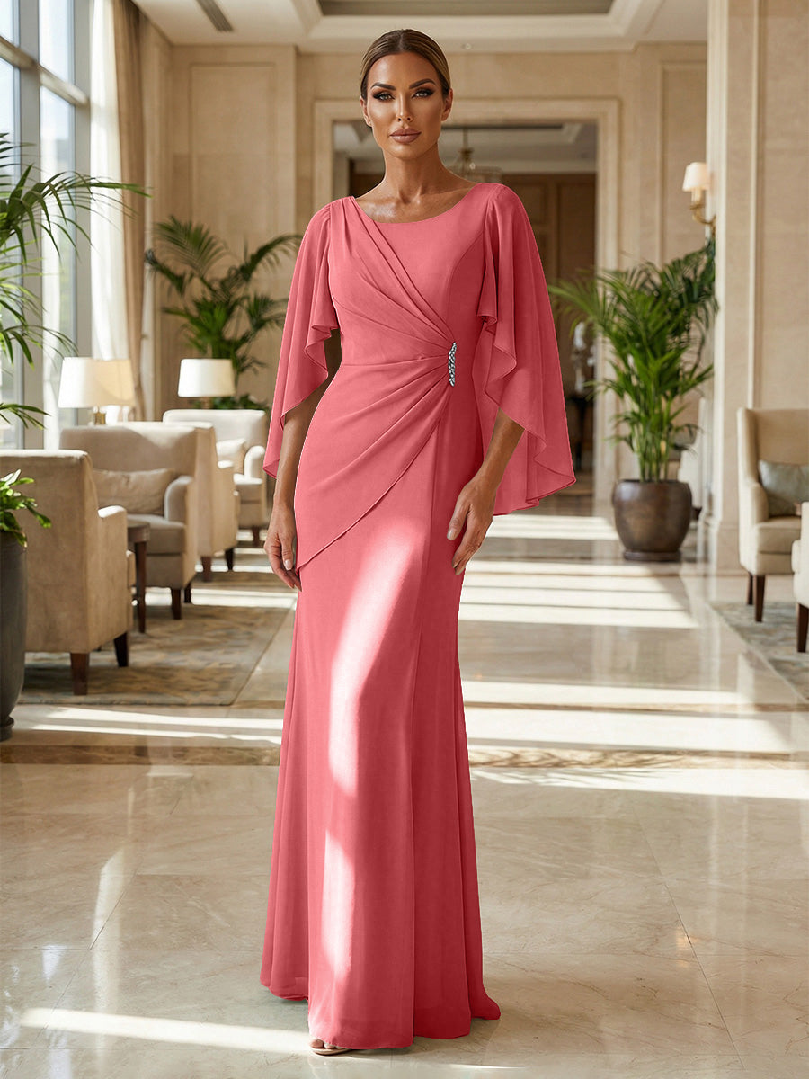Sheath Chiffon Cape Sleeves Maxi Mother of the Bride & Groom Dresses with Ruched Waist