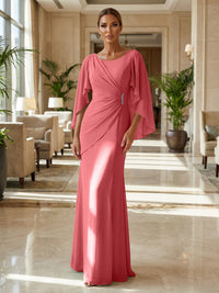 Sheath Chiffon Cape Sleeves Maxi Mother of the Bride & Groom Dresses with Ruched Waist