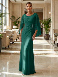 Sheath Chiffon Cape Sleeves Maxi Mother of the Bride & Groom Dresses with Ruched Waist