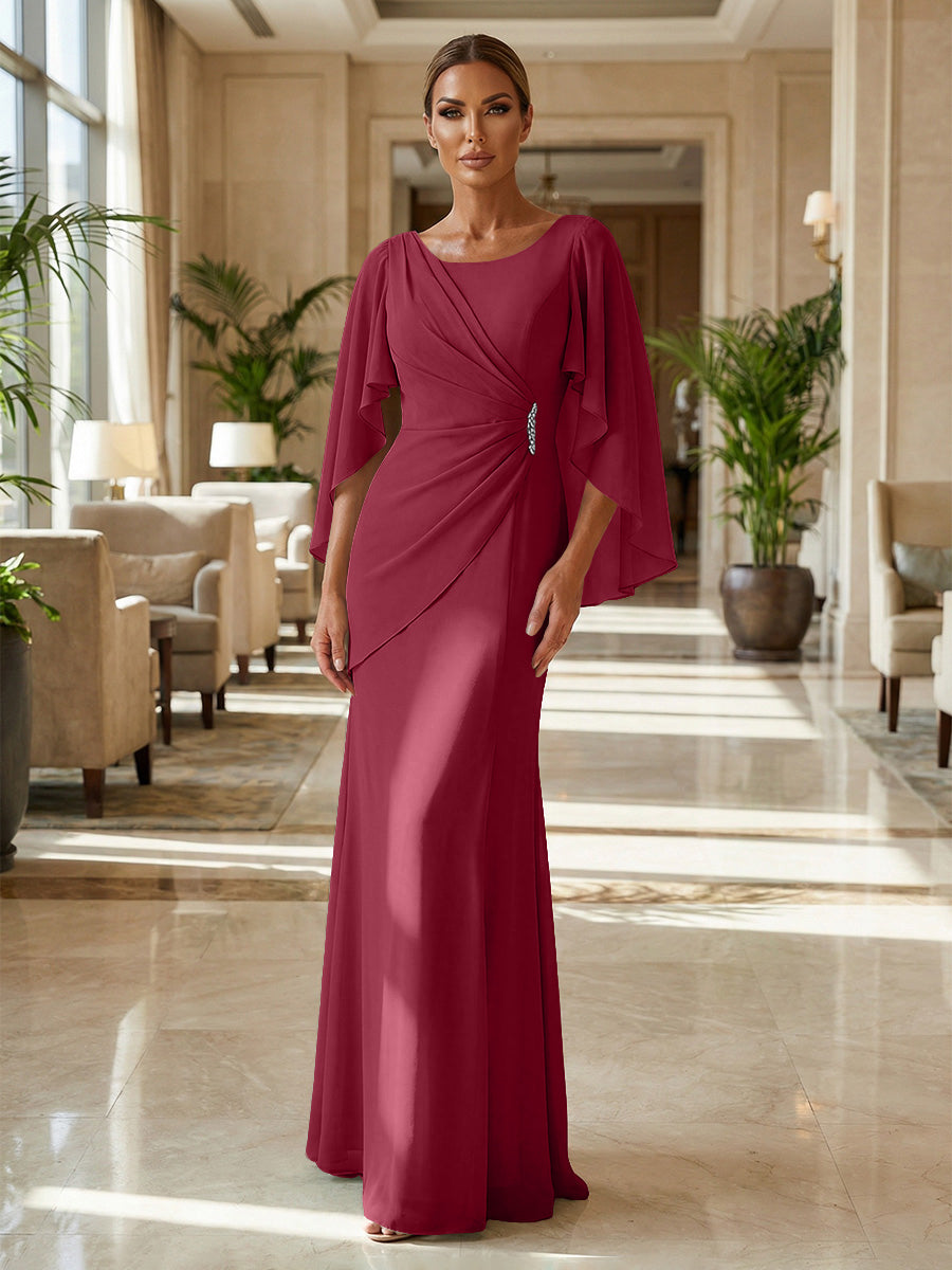 Sheath Chiffon Cape Sleeves Maxi Mother of the Bride & Groom Dresses with Ruched Waist