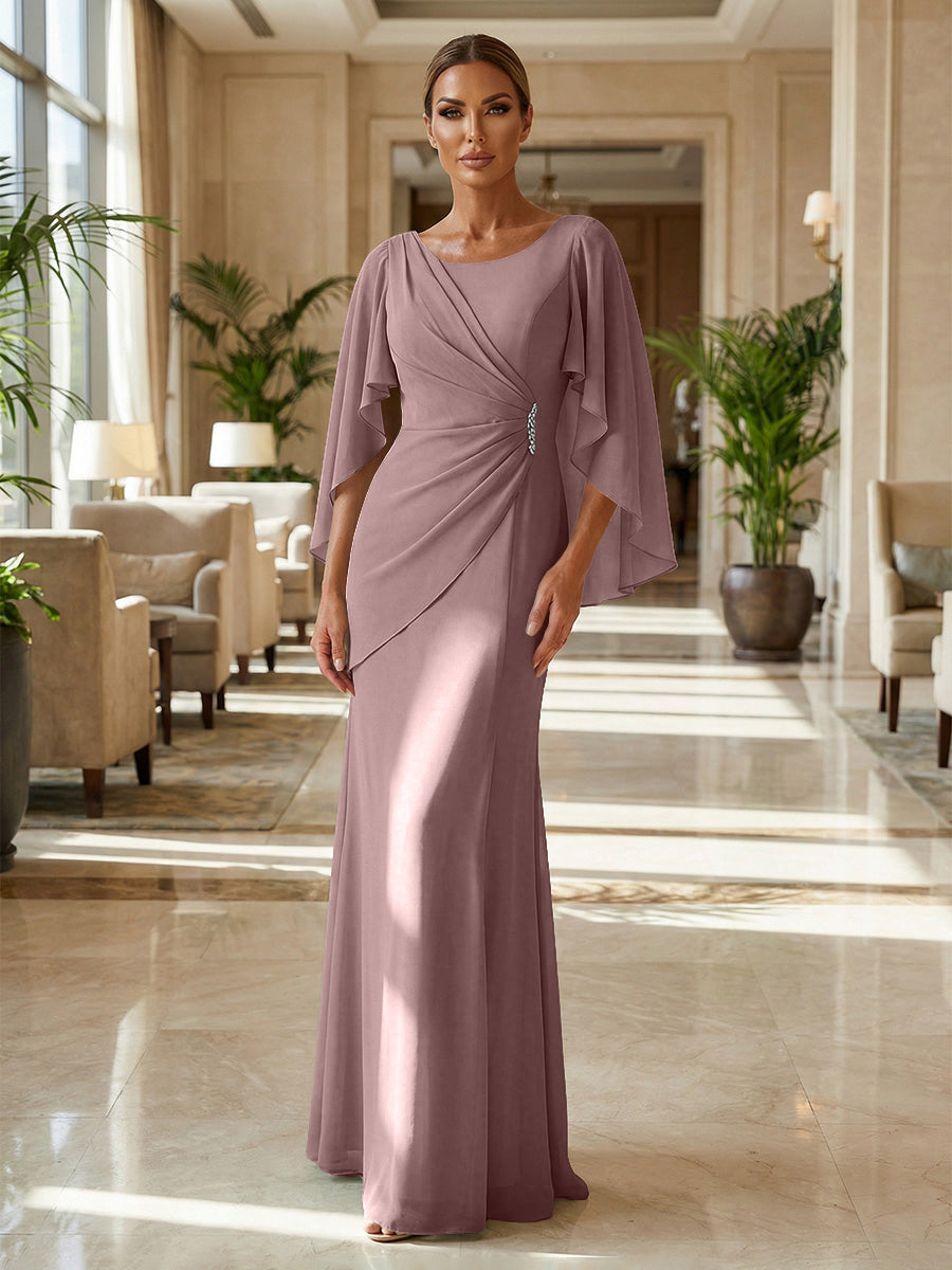 Sheath Chiffon Cape Sleeves Maxi Mother of the Bride & Groom Dresses with Ruched Waist