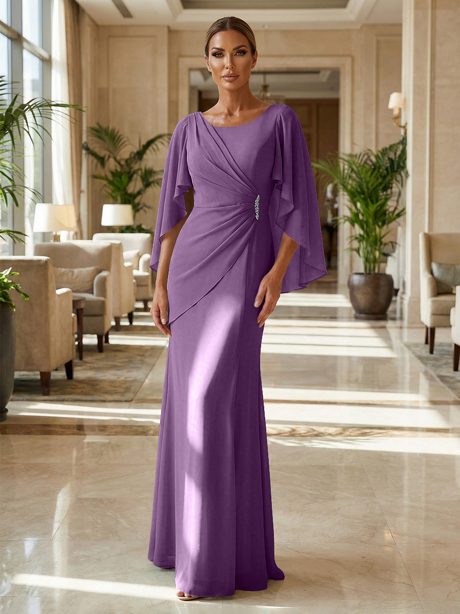 Sheath Chiffon Cape Sleeves Maxi Mother of the Bride & Groom Dresses with Ruched Waist