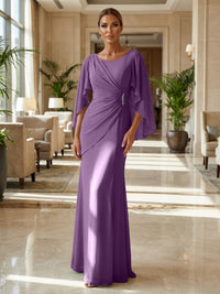 Sheath Chiffon Cape Sleeves Maxi Mother of the Bride & Groom Dresses with Ruched Waist