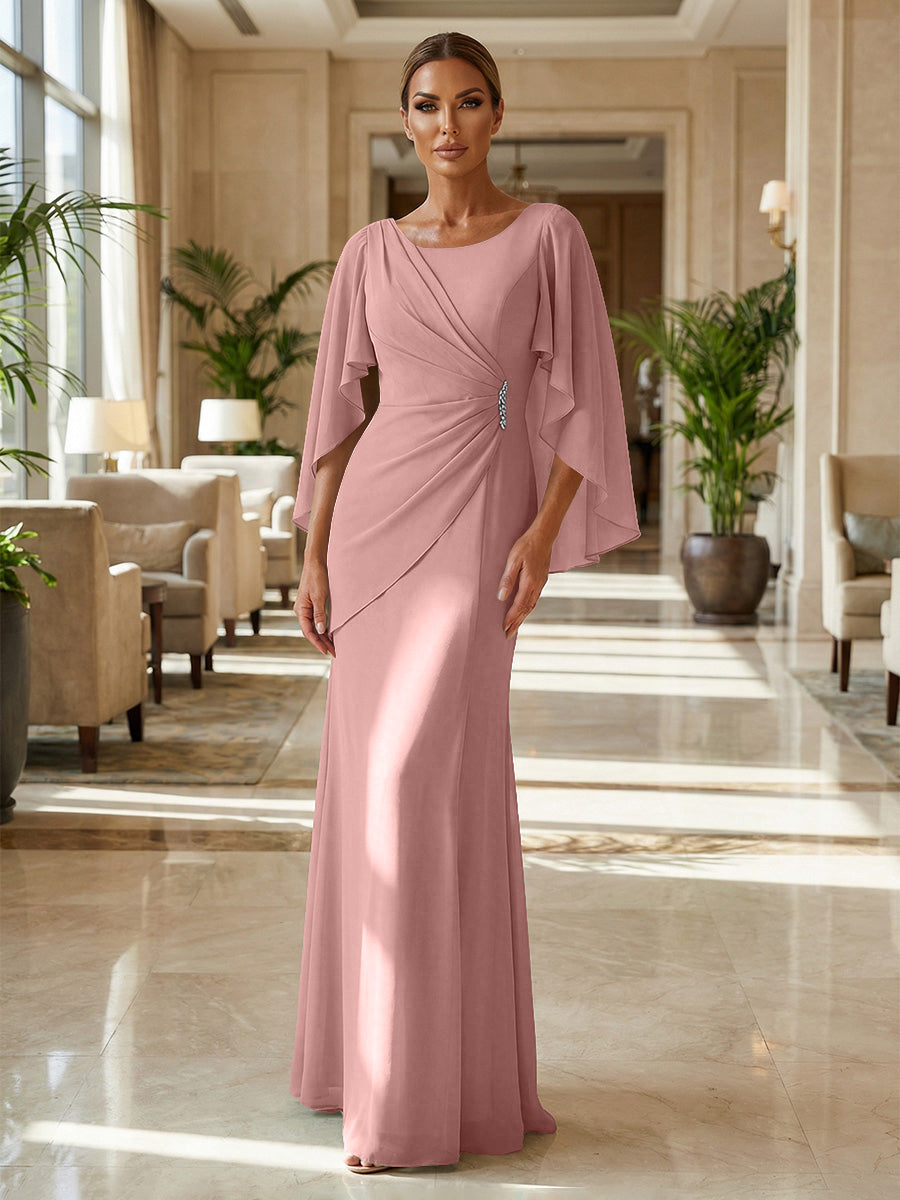 Sheath Chiffon Cape Sleeves Maxi Mother of the Bride & Groom Dresses with Ruched Waist