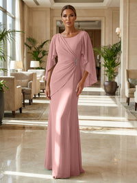 Sheath Chiffon Cape Sleeves Maxi Mother of the Bride & Groom Dresses with Ruched Waist