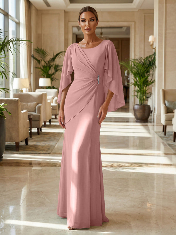 Sheath Chiffon Cape Sleeves Maxi Mother of the Bride & Groom Dresses with Ruched Waist