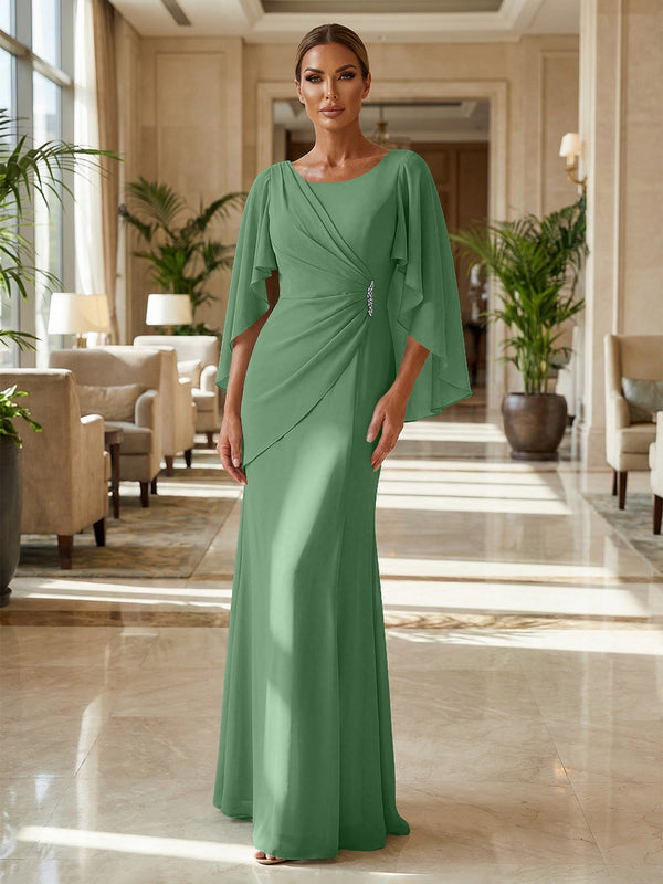Sheath Chiffon Cape Sleeves Maxi Mother of the Bride & Groom Dresses with Ruched Waist