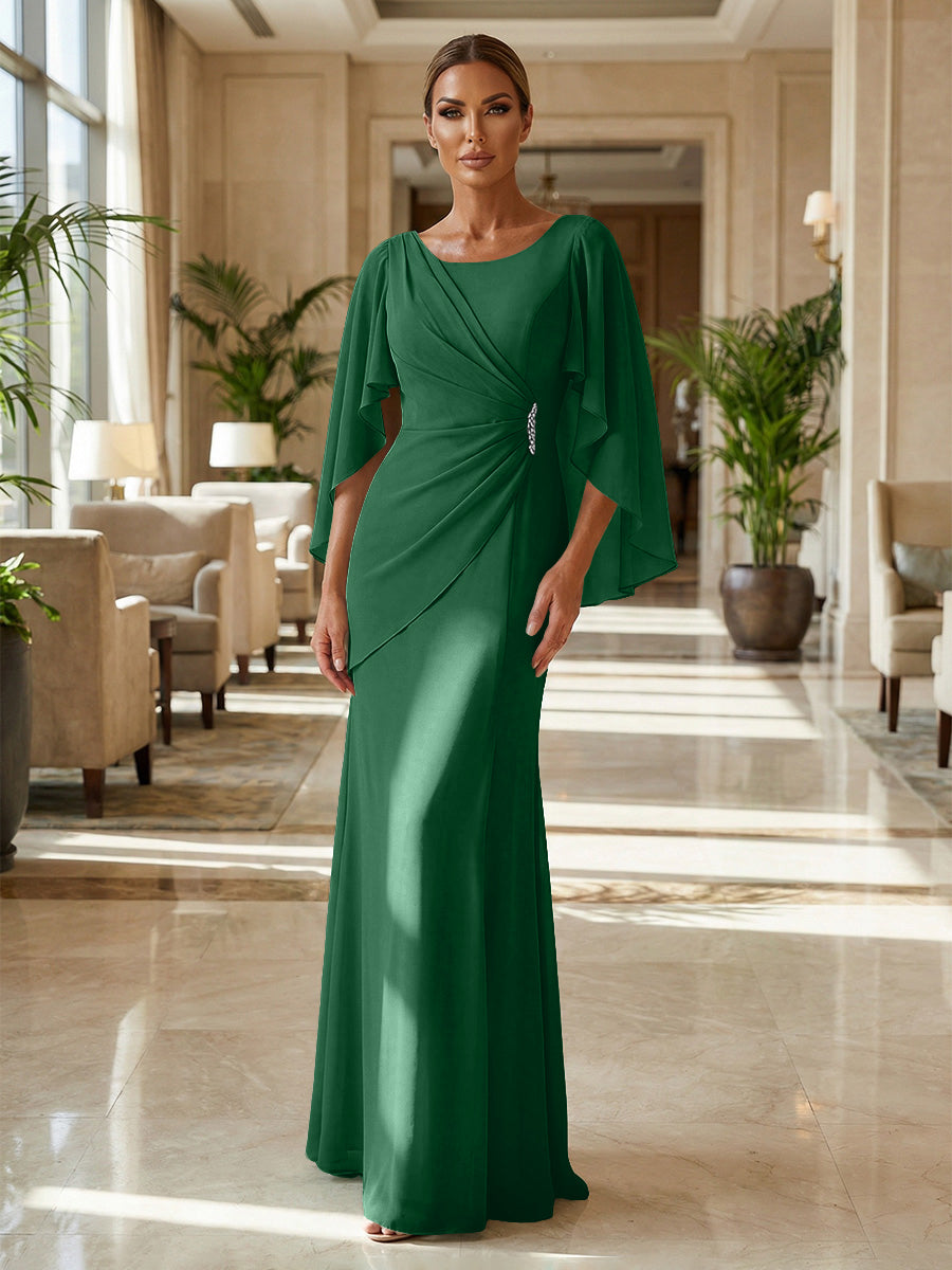 Sheath Chiffon Cape Sleeves Maxi Mother of the Bride & Groom Dresses with Ruched Waist