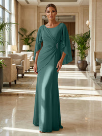 Sheath Chiffon Cape Sleeves Maxi Mother of the Bride & Groom Dresses with Ruched Waist