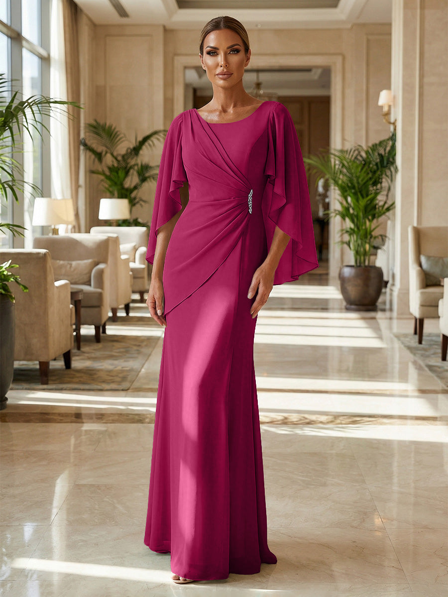 Sheath Chiffon Cape Sleeves Maxi Mother of the Bride & Groom Dresses with Ruched Waist