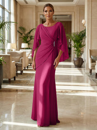 Sheath Chiffon Cape Sleeves Maxi Mother of the Bride & Groom Dresses with Ruched Waist