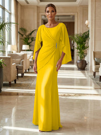 Sheath Chiffon Cape Sleeves Maxi Mother of the Bride & Groom Dresses with Ruched Waist