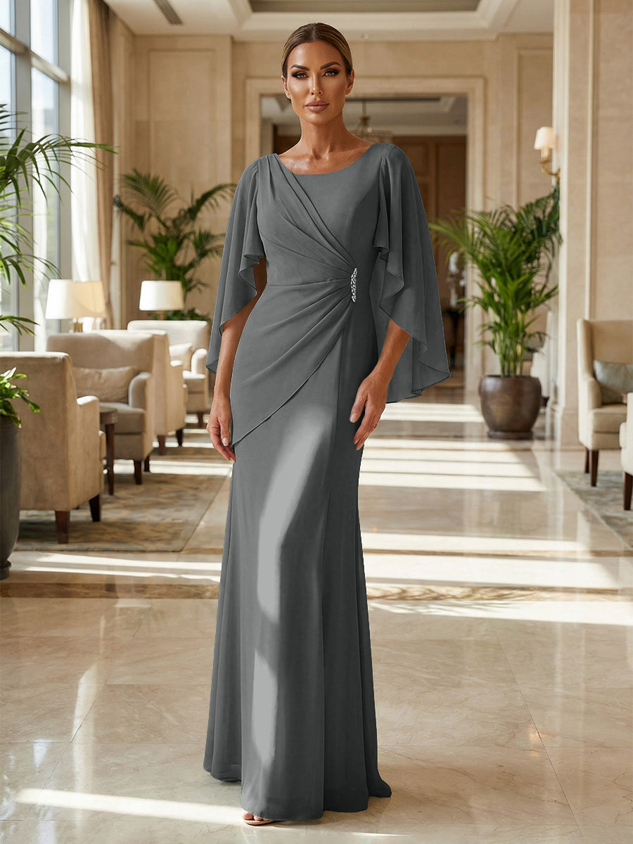 Sheath Chiffon Cape Sleeves Maxi Mother of the Bride & Groom Dresses with Ruched Waist