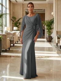 Sheath Chiffon Cape Sleeves Maxi Mother of the Bride & Groom Dresses with Ruched Waist