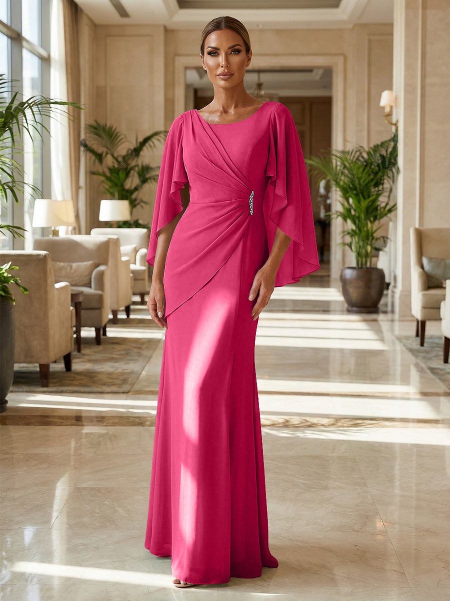Sheath Chiffon Cape Sleeves Maxi Mother of the Bride & Groom Dresses with Ruched Waist