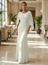 Sheath Chiffon Cape Sleeves Maxi Mother of the Bride & Groom Dresses with Ruched Waist