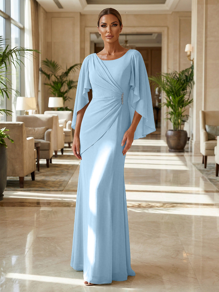 Sheath Chiffon Cape Sleeves Maxi Mother of the Bride & Groom Dresses with Ruched Waist