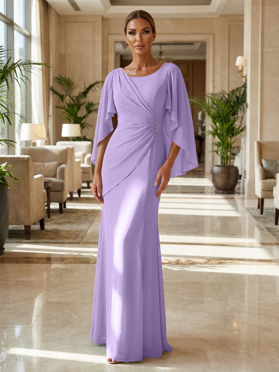 Sheath Chiffon Cape Sleeves Maxi Mother of the Bride & Groom Dresses with Ruched Waist